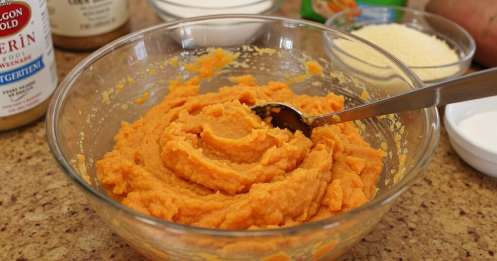 ingredients and mixing of Sweet Potato Cornbread