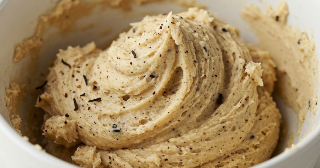 A bowl of earl grey cookie dough with tea leaves
