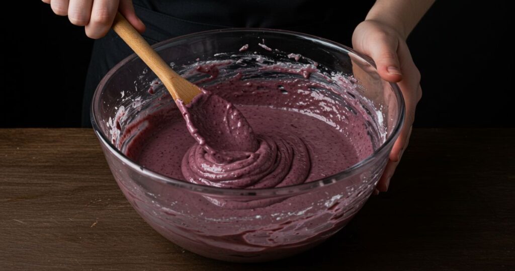 Cake batter for Blackberry Velvet Gothic Cake