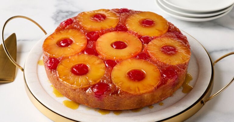 Close-Up of Pineapple Upside Down Cake Slices on a Plate