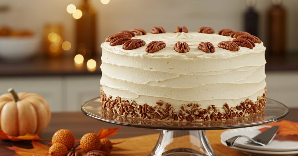 Decorated Butter Pecan Cake on Stand