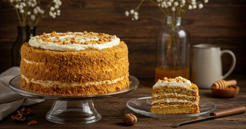 Decorated Russian Honey Cake Medovik on Stand