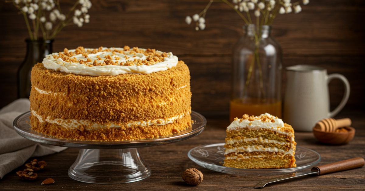 Decorated Russian Honey Cake Medovik on Stand