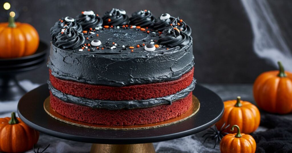 Decorated Spooky Black Cream Red Velvet Cake