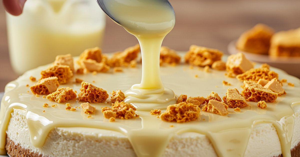 Drizzling White Chocolate Glaze on Cheesecake