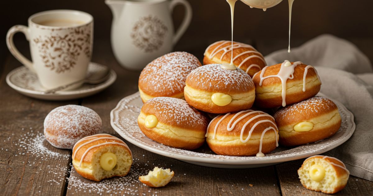 Elegant Plate of Bavarian Cream Donuts with Glaze and Powdered Sugar