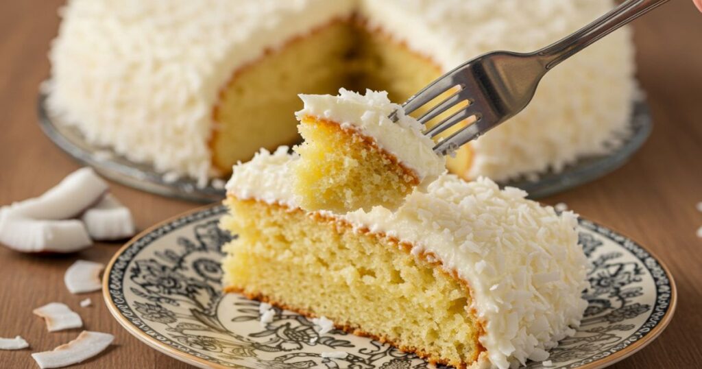Forkful of Coconut Cake Being Lifted