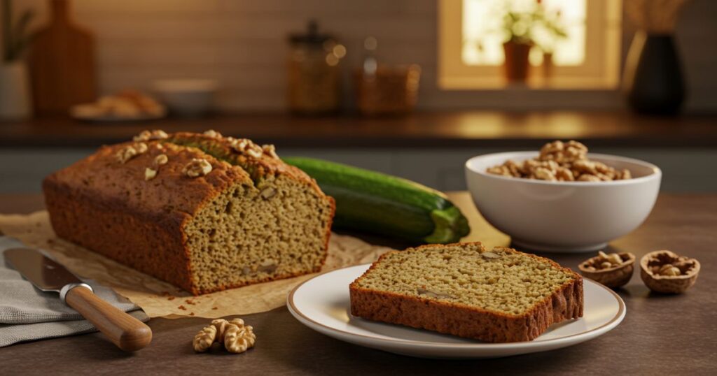 Fresh Zucchini Bread Loaf with a Slice Ready to Serve