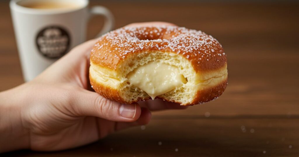 Hand Holding a Bavarian Cream Donut with a Bite Taken Out