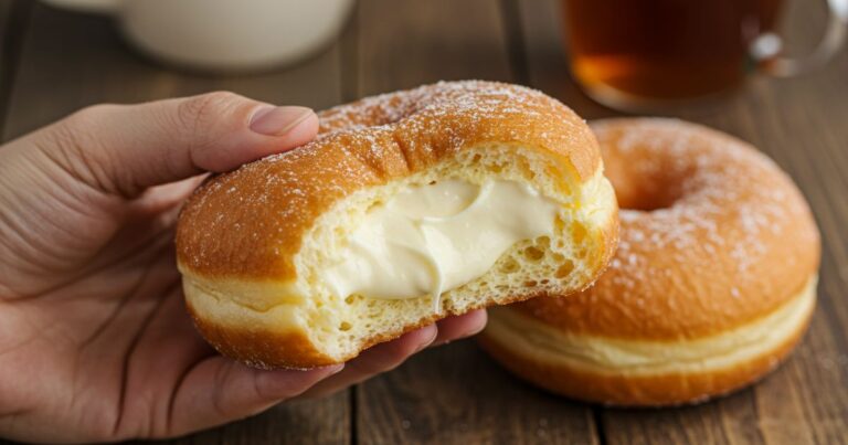 Hand Holding a Soft, Cream-Filled Korean Milk Donut