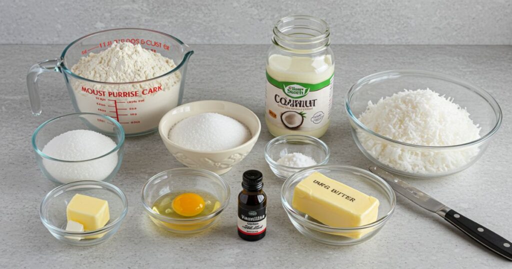 Ingredients for Coconut Cake Displayed Neatly on a Counter