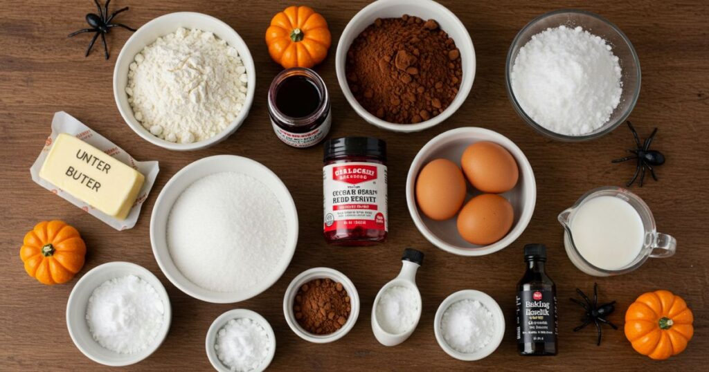 Ingredients for Spooky Black Cream Red Velvet Cake