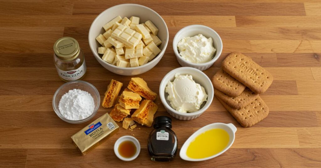 Ingredients for White Chocolate & Honeycomb Cheesecake