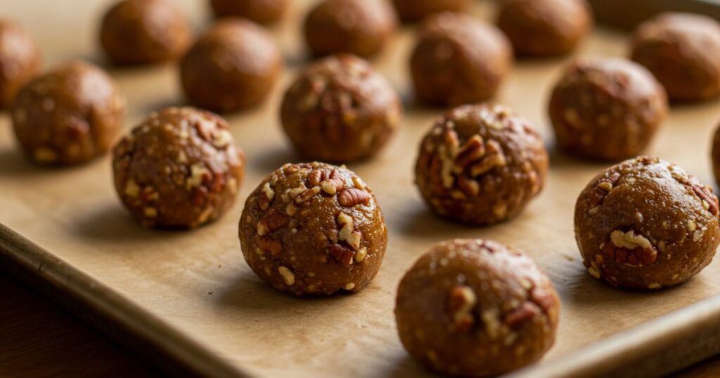 Rolled Pecan Pie Balls on Tray