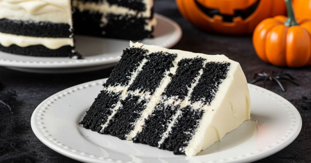 Sliced Black Velvet Halloween Cake