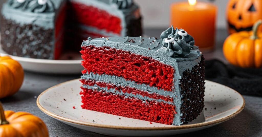 Sliced Spooky Black Cream Red Velvet Cake