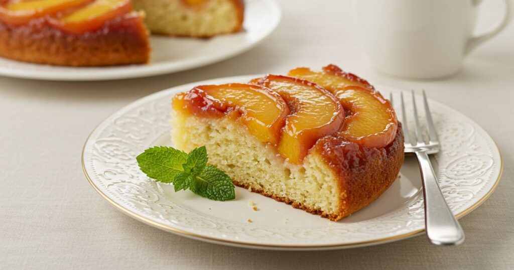 Slicing and Serving the peach upside-down cake