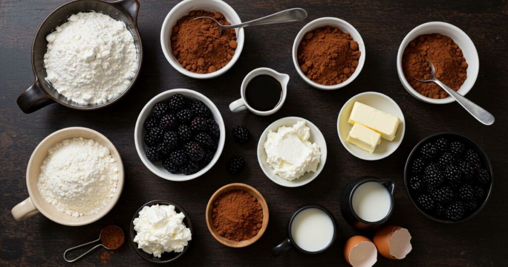 ingredients for Blackberry Velvet Gothic Cake