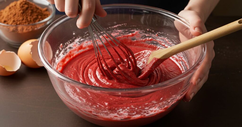 mixing cake batter for red velvet cheesecake Brownie