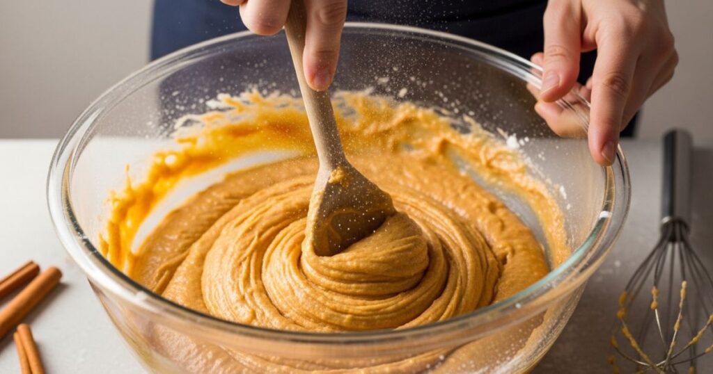 preparing cake batter for Spiced Pumpkin Halloween Cake