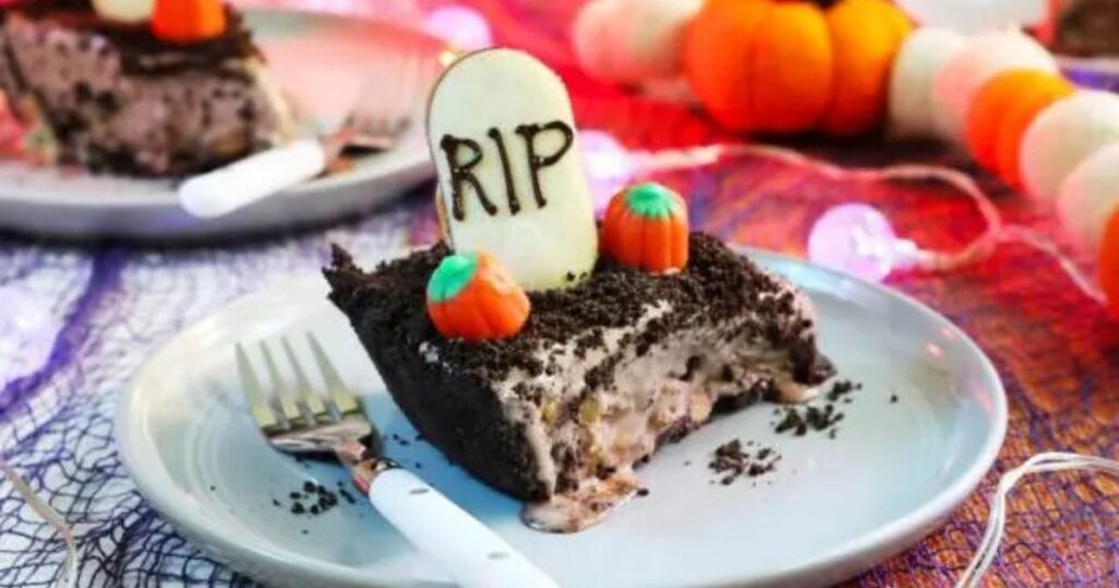 sliced Halloween Graveyard Cake