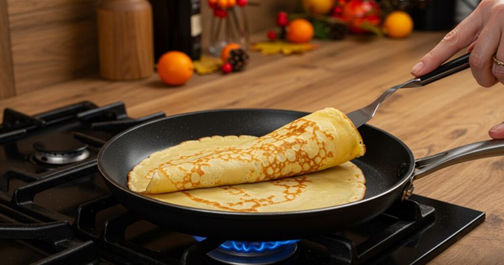 Cooking Pumpkin Crepes on Pan