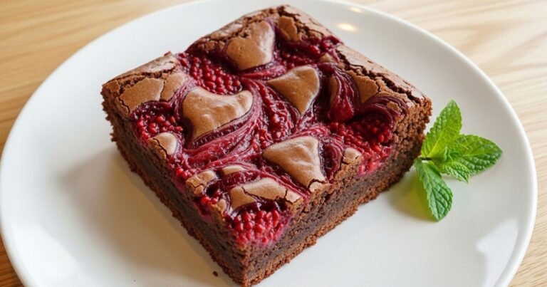 Fudgy raspberry swirl brownies ready to serve
