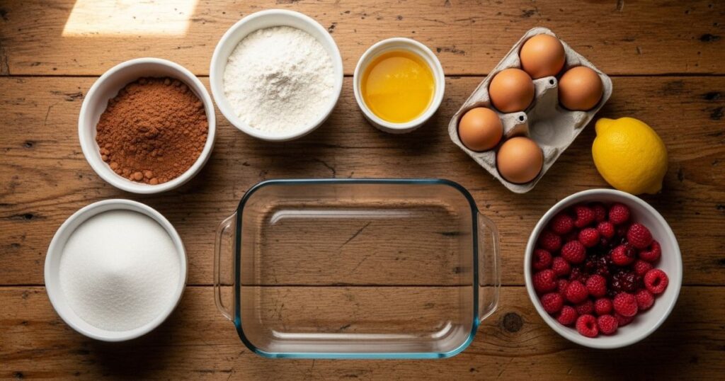 Ingredients ready for raspberry swirl brownies