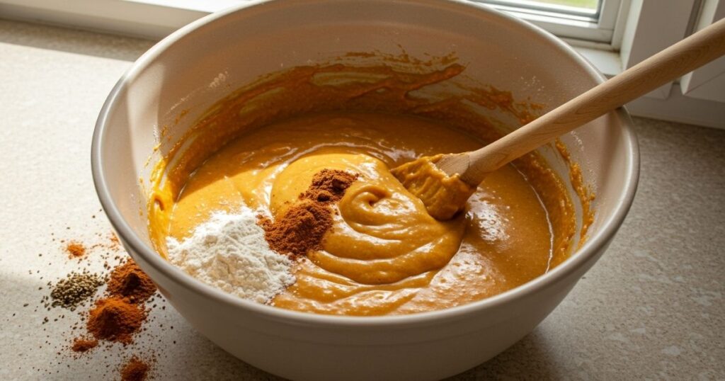 Mixing Pumpkin Muffin Batter in Bowl
