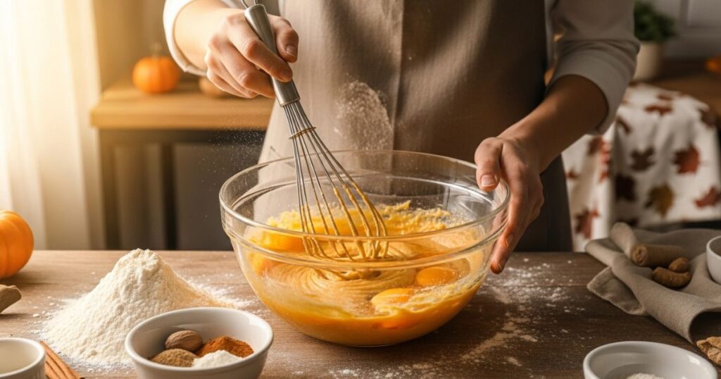 Mixing Pumpkin Roll Cake Batter