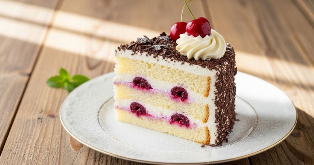 Slice of White Forest Cake on Plate