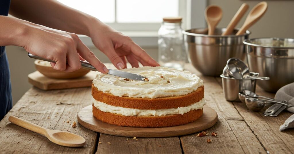 Spreading Frosting on German Chocolate Cake Layers