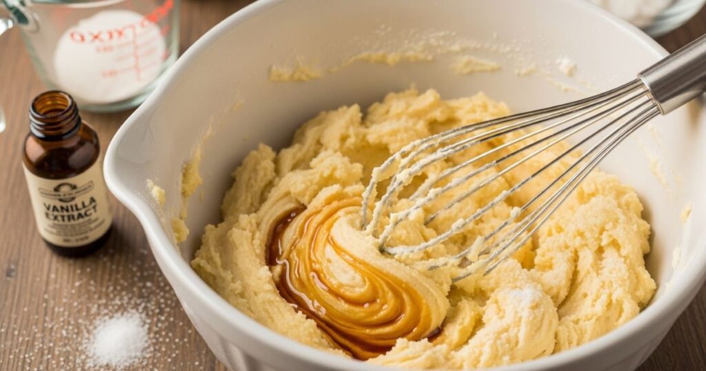 A hand mixing butter and sugar in a bowl