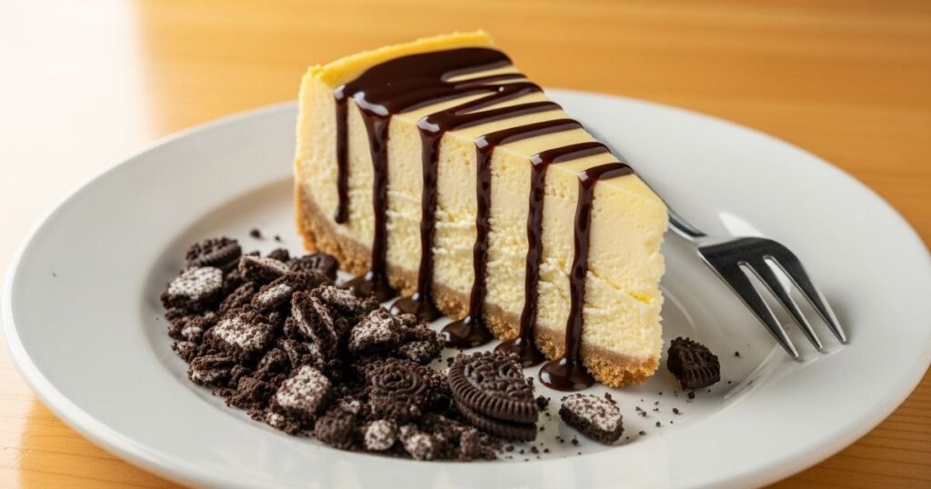 A slice of cheesecake on a white plate with crushed cookies