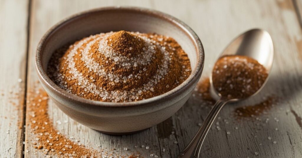 A small bowl of cinnamon, sugar, and nutmeg