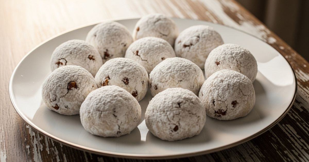 A white plate filled with round Buttery Pecan Snowball Cookies