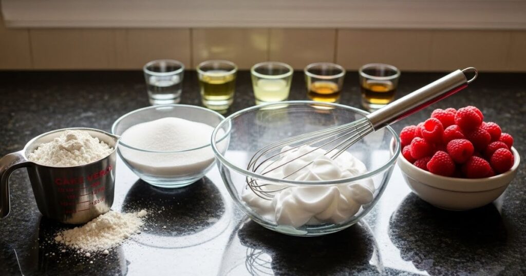 Angel food cake ingredients arranged on a counter