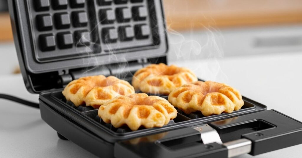 Apple fritter waffle donuts cooking inside a waffle iron