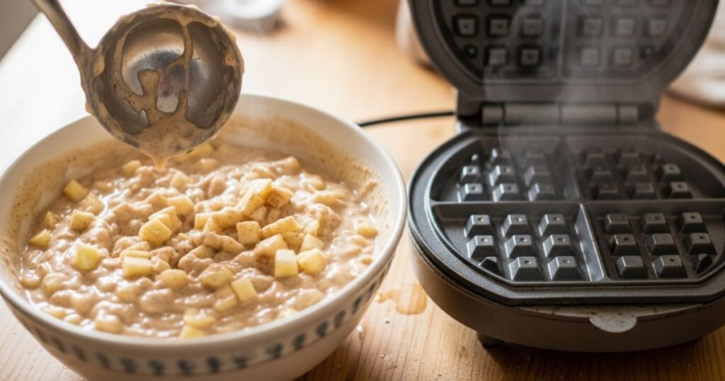 Batter with apples beside a hot waffle maker ready for cooking