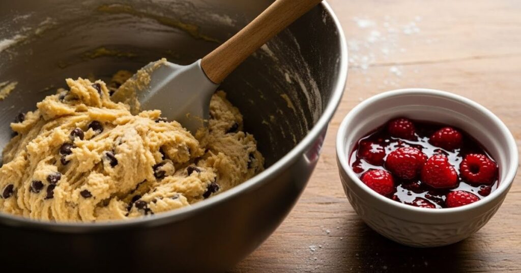 Cookie dough ready to be shaped with raspberry jam for filling