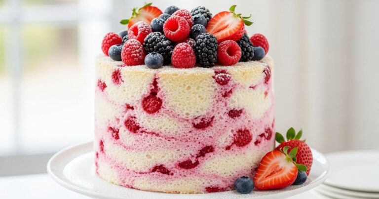 Finished raspberry angel food cake topped with raspberries