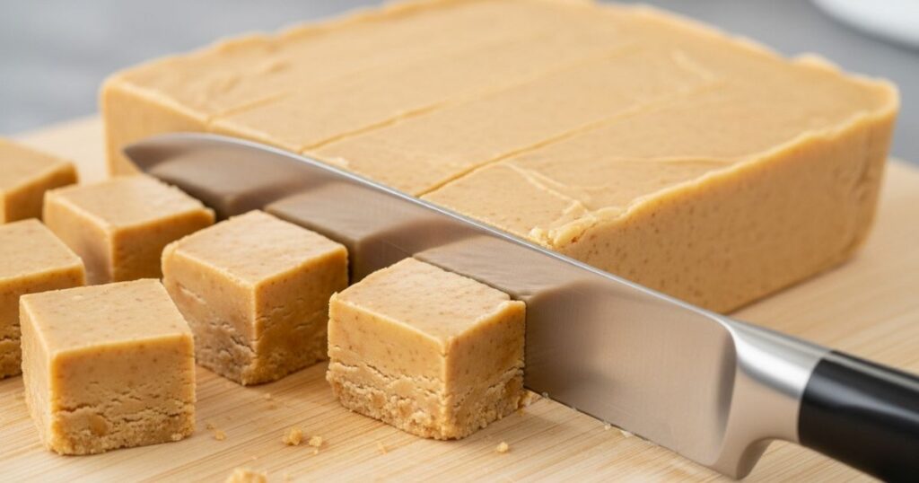 Freshly chilled peanut butter fudge being sliced into squares