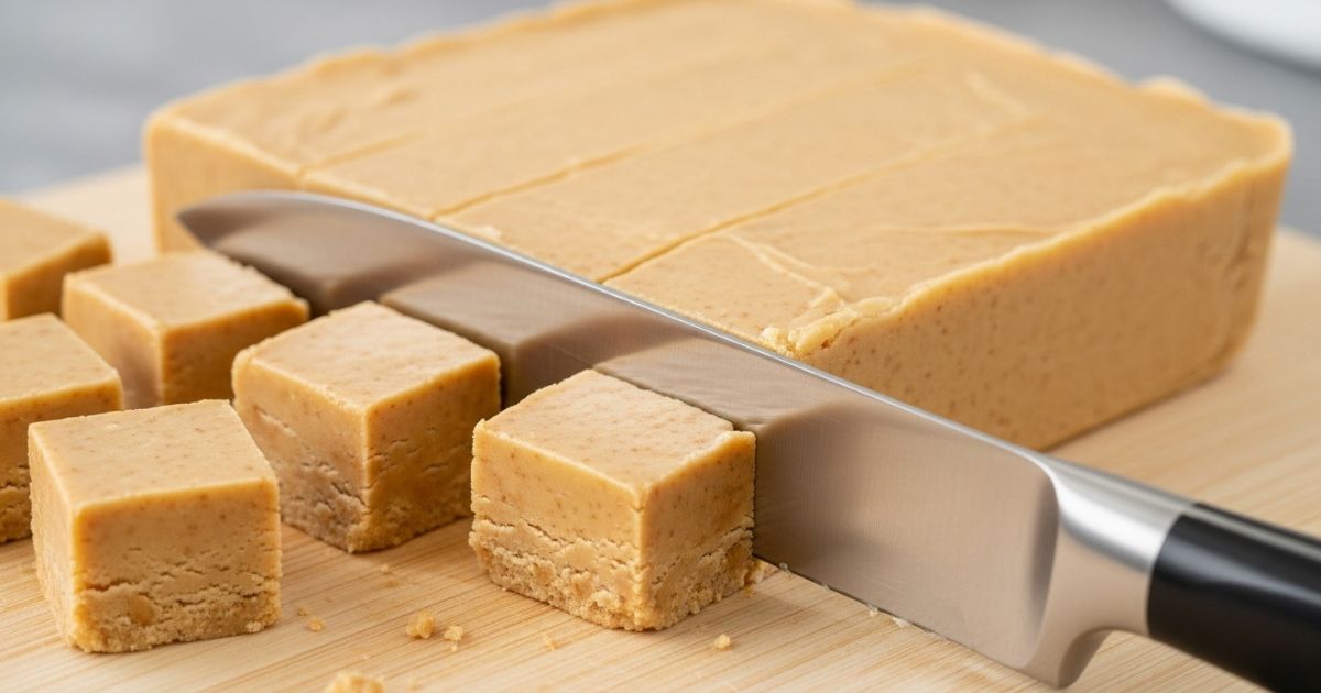 Freshly chilled peanut butter fudge being sliced into squares