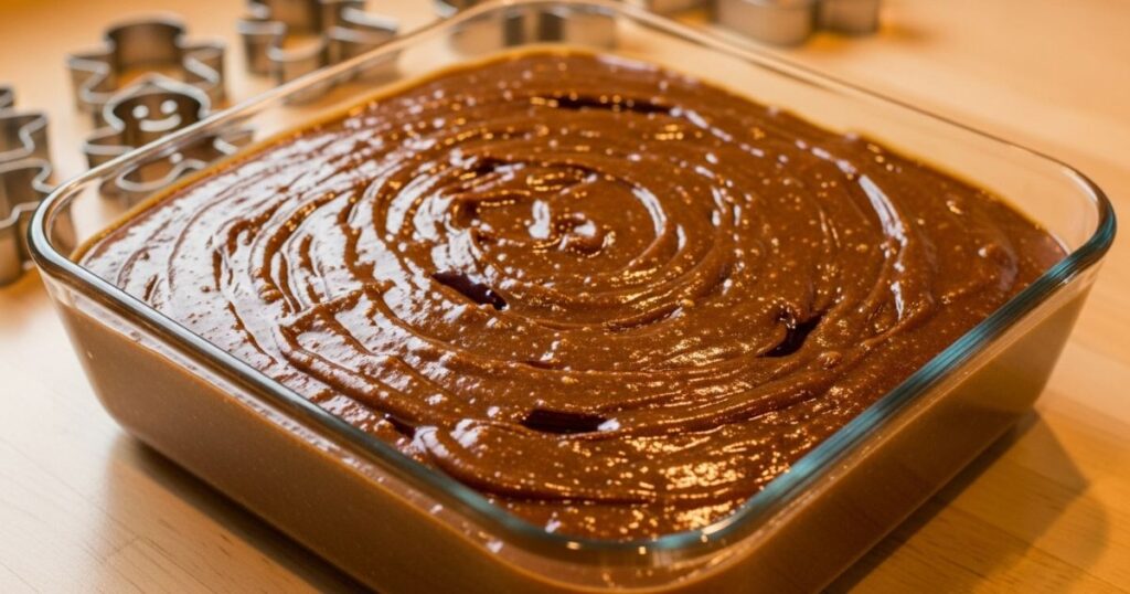 Gingerbread brownie batter spread in a pan