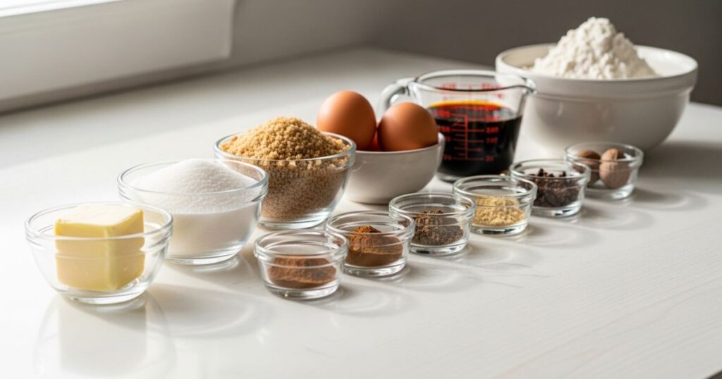 Gingerbread brownie ingredients arranged on a counter
