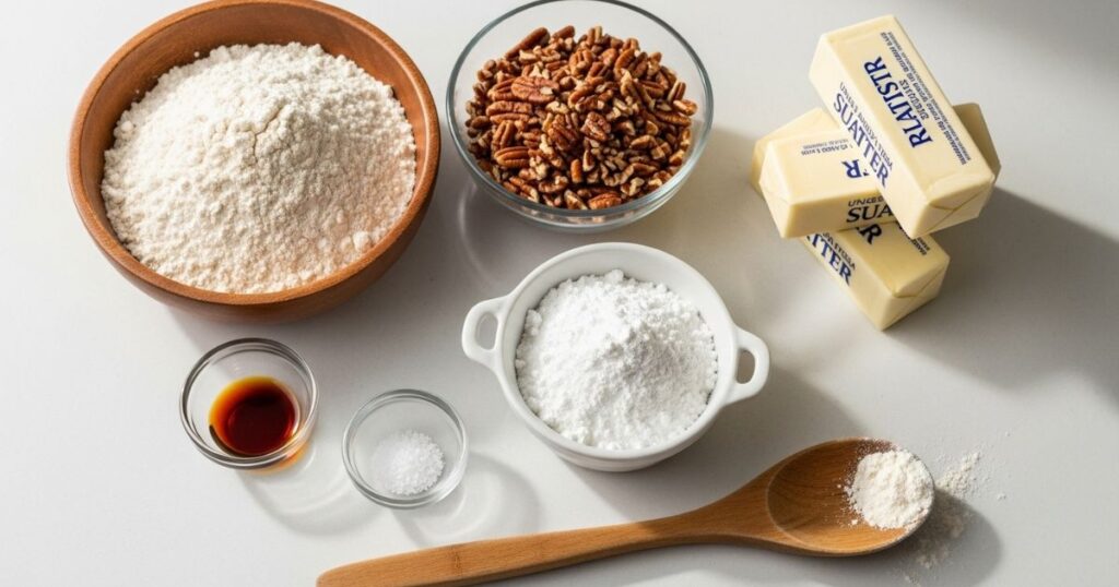 Ingredients for Buttery Pecan Snowball Cookies arranged on a counter