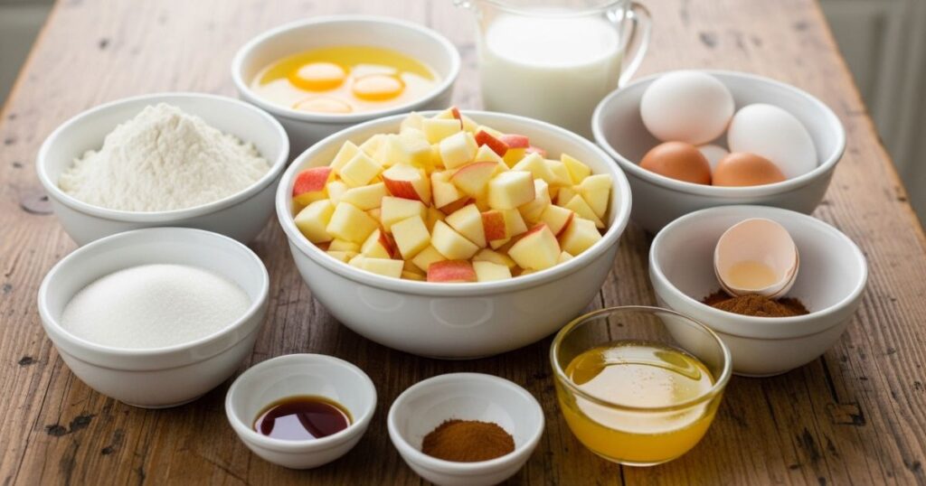 Ingredients for apple fritter waffle donuts arranged neatly on a counter