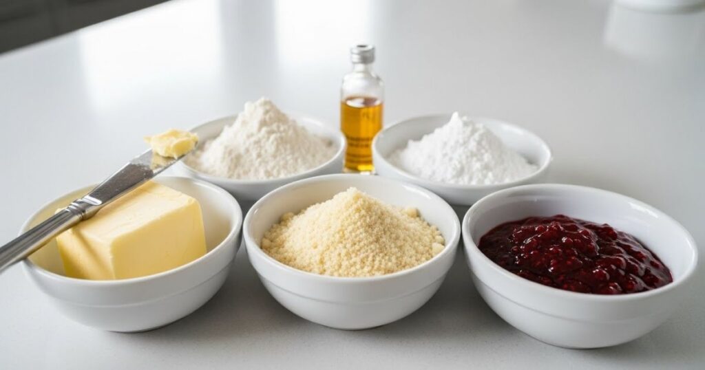 Ingredients for raspberry almond snowball cookies
