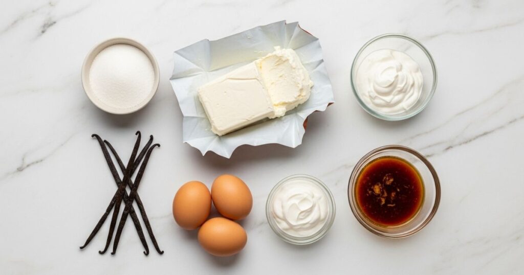 Ingredients for vanilla bean brown butter cheesecake