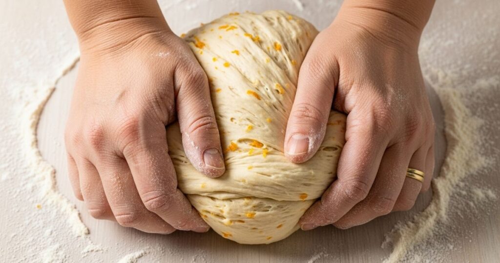 Kneading festive bread dough on a kitchen counter